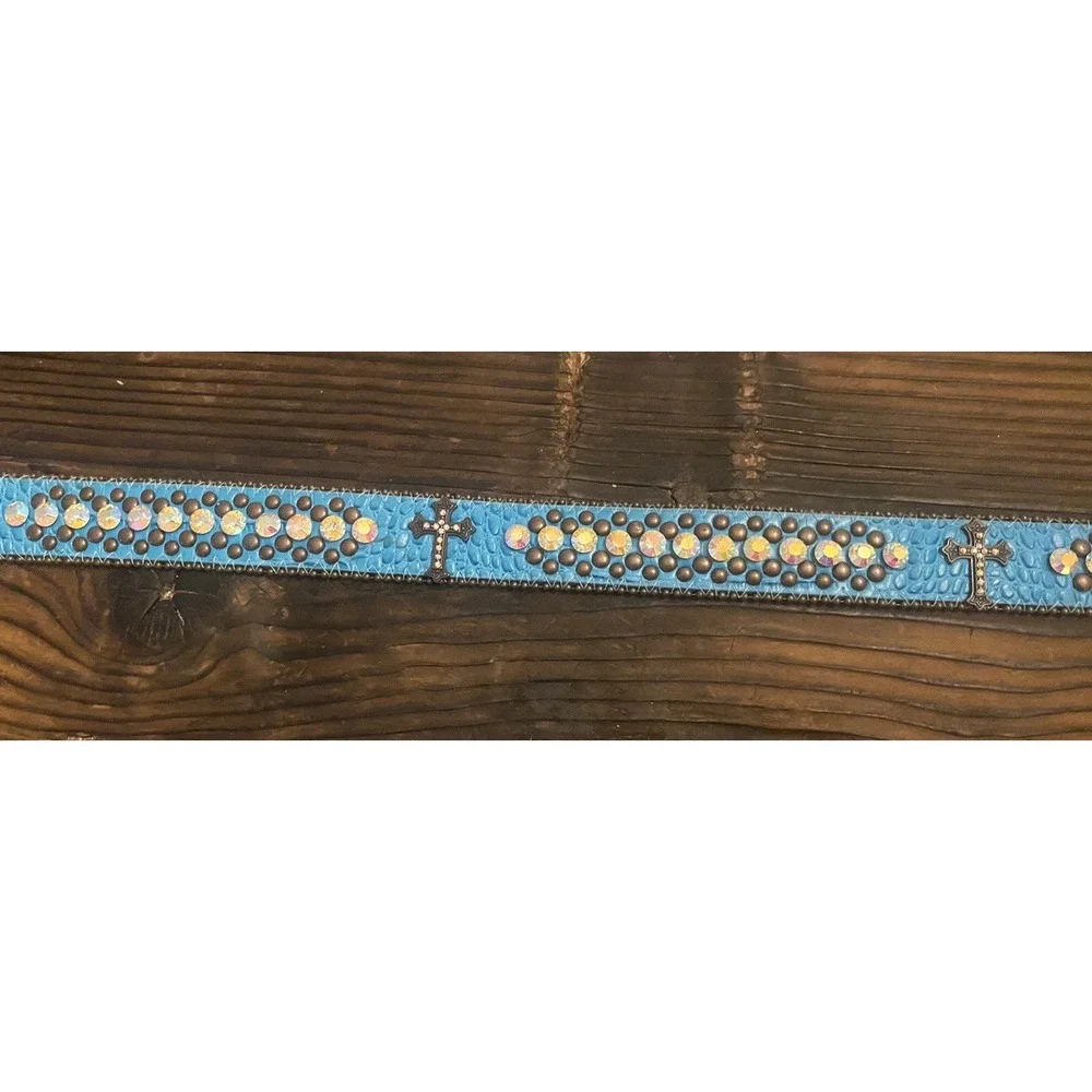 Ladies Western Turquoise Cross Leather Belt with Rhinestones Size M/L